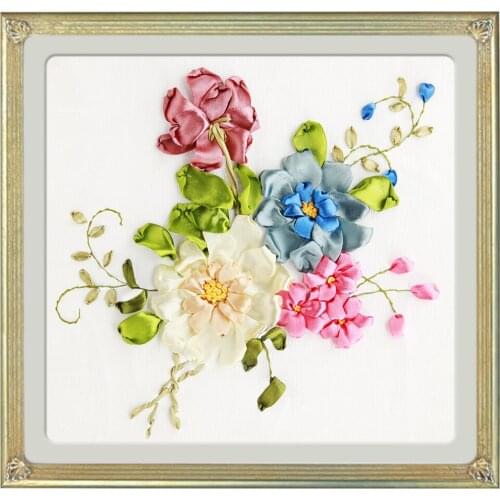 Handmade Ribbon Embroidery Kits DIY Flower Bouquet Painting Wall Decoration Stamp Embroidery kit No Frame