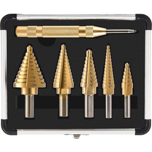 5Pcs Titanium Step Drill Bit Set With Automatic Center Punch, 50 Sizes In 5 Steel Drill Bits Set For Sheet Metal With Aluminum C