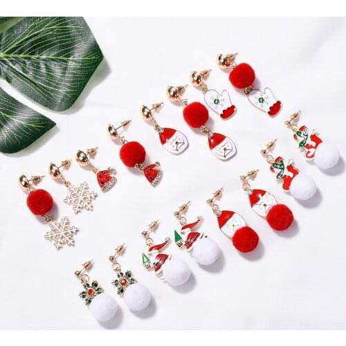 New Christmas Snowflake Rhinestone Hair Ball Enamel Hair Ball Asymmetrical Christmas Earrings Wholesale