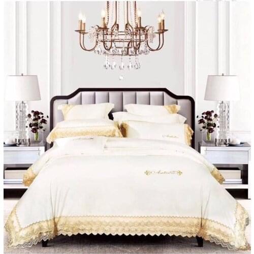 New Luxury White 100S Egyptian cotton Tencel Silky Bedding set Queen King Noble Lace Edge Royal Duvet cover Bed sheet set Europe