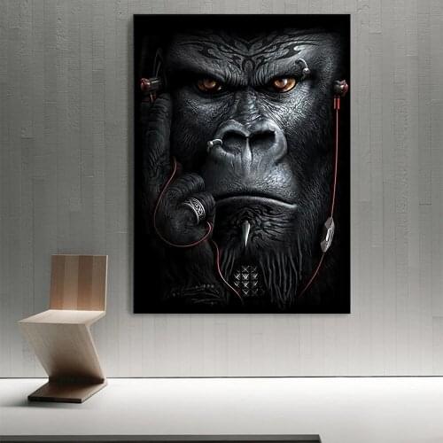 Apes and Monkeys Listening to Music Wall Art Posters And Prints Abstract Animals Canvas Paintings Nordic Picture For Living Room