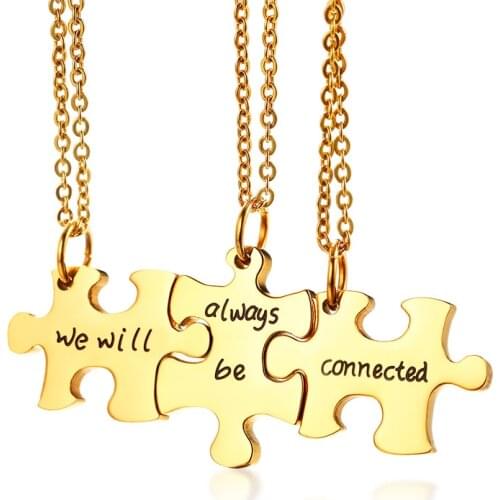3 Pcs/ Set BFF Couple Puzzle Pendants Necklaces for Men Women We Will Always be Connected Engraved Stainless Steel Jewelry