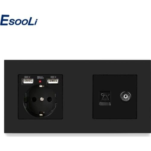 Esooli Plastic Panel EU Standard Electric Socket with 2 USB + 1 Gang RJ11 Telephone and Female TV Jack Connector 172*86mm