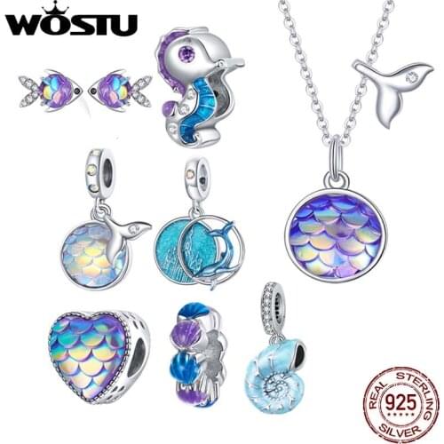 WOSTU 925 Sterling Silver Enamel Marine Charm Mermaid Sea Horse Fishtail Scale Bead Castle Charm Fit Original Bracelets Jewelry