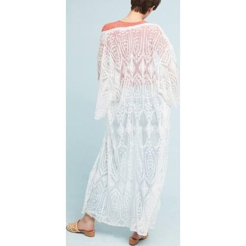 Robe De Plage 2021 White Lace 3/4 Sleeve Beach-Dress Long Pareos V-Neck Bikinis Cover-Ups Sexy Beach Wear See-Through Cardigan
