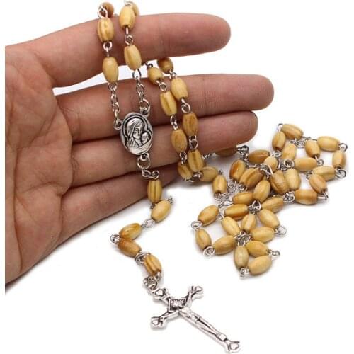 Handmade Round Bead Catholic Rosary Cross Religious Wood Beads Necklace Gift