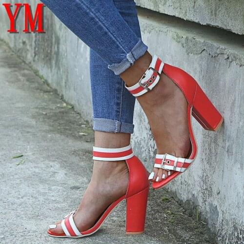 2020 Fashion Women Sandals Red Ankle Buckle Strap Summer Pumps Woman Open Toe Shoes Ladies High Square Heel Female Plus Size 43