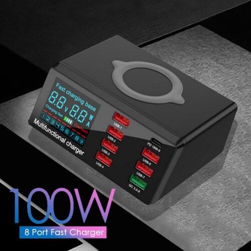 QC3.0 8 Ports USB Charger 100W Fast Charging Base Home Digital Display Smart Charge Adapter For iPhone 12 Tablet Charging Dock