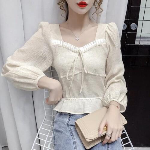 Spring 2021 new style sweet square neck tie shirt women temperament short long sleeve puff sleeve French shirt women