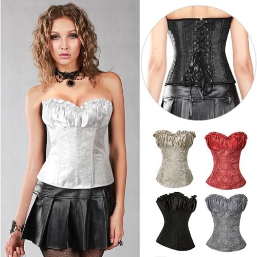 Womens Satin Overbust Corset Sexy Lace Up Boned Overbust Corset Bustier Top Waist Cincher Shaper Corsetlet Corsets And Bustiers