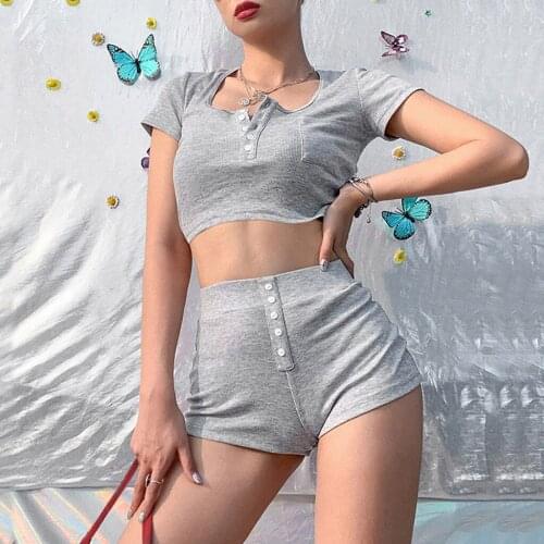 Women Casual Sets 2 Pieces Set Slim Short T-shirt And High Waist Stretchy Short Button Knitted Sexy Gray Ladies Suit 2020