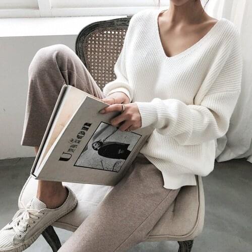 V Neck Women Pullover Sweater Solid Long Sleeve Loose Knitted Cashmere Top Womens Sweaters 2020 Autumn Winter Casual