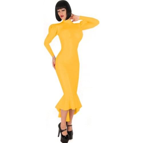 Women Sexy PVC Latex Club Party Long Dress High Neck Long Puff Sleeves dress Female Fashion Autumn Spring Robes Dresses Vestidos