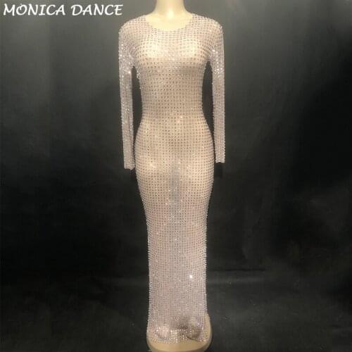 Women Sexy Bling Long Dress High Grade Net Yarn Full Glass Sparkling Crystals Nightclub Party Dancer Singer Stage Wear