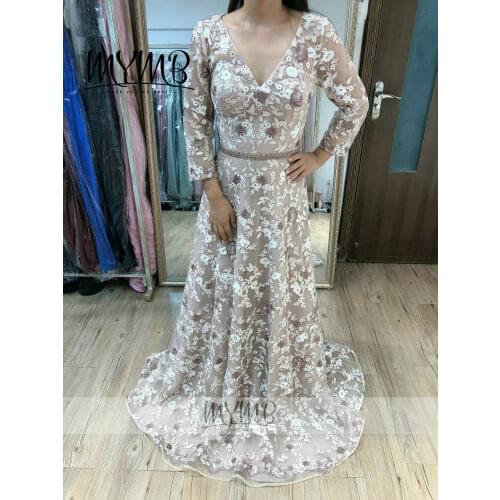 Beautiful Floral Lace Evening Dress Long Sleeve MYMB V Neck 2021 Formal Dress Women Party Wear MY41118