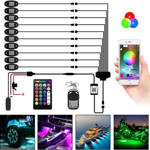 12V Multicolor RGB Rock Music Lights DIY 8/10 Pods LED Underbody Neon Atmosphere Lamps Car Accessories Bluetooth App Control