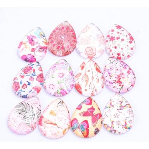 20pcs Mixed Flower Bird Feather Pattern Photo Teardrop Glass Cabochon 18x25mm Diy Earrings Pendants Making Accessories