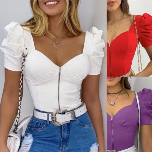 2021 Clothing Summer Tank-Tops Casual Women Top U Neck Puff Sleeve Sexy Solid Color Zipper T-shirt for Dating Female Plus Size