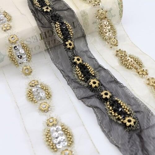 6Yards Retro Bead Sequin Lace Trims Beaded Rhinestone Ribbon For Sewing Clothing Collar Headdress Accessories Organza Decoration