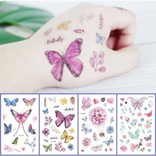 2PCS/SET Watercolor Flower Butterfly Tattoo Sticker Floral Unicorns Makeup Temporary Body Art Disposable tatouage temporaire