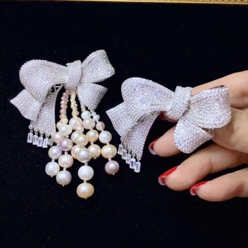 Natural fresh water pearl tassels brooch 925 sterling silver with cubic zircon bowknot brooch pins cute romantic fine jewelry