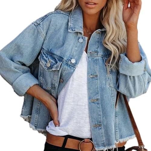 New Fashion Womens Washed Denim Jacket Long Sleeve Button Down Loose Boyfriend Jean Jacket