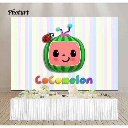 PHOTURT Cocomelon Party Backdrop Kids Birthday Baby Shower Photography Banner Colorful Stripes Vinyl Photo Background Props