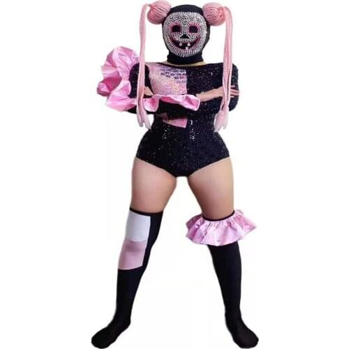 H102 Halloween Tight Cosplay Pole Dancer Clown Party Elastic Stretched Festival Skull Show Diamond Drilling Chain Jumpsuit Club