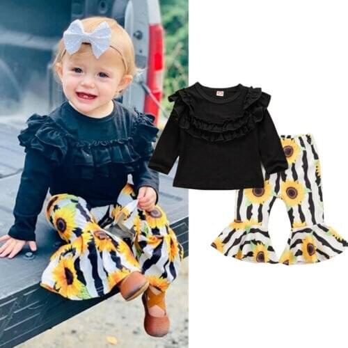 2019 New Kids Girl Long Sleeve Cotton T-shirt Tops Sunflower Striped Sunflower Flared Pant Bell Bottom 2PCS Girls Clothing Set