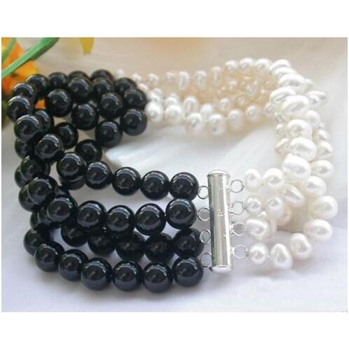 Classical Genuine Pearl Jewelry 4Strands 8 Inches 7-8mm Black A-gate White Freshwater Pearl Bracelet Magnet Clasp