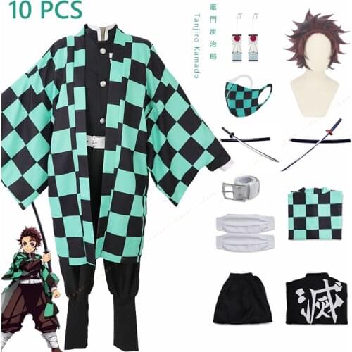 10 PCS Demon Slayer Kamado Tanjirou Cosplay Costume Kimetsu no Yaiba Katana Kimono Tanjirou Earrings Wig Cape Cloak Uniform Set