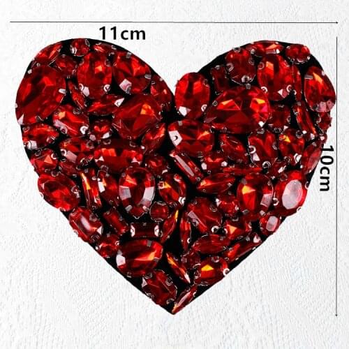 Red heart rhinestones bead brooch patches applique vintage crystal fabric sew on patch fashion clothing bags decoration patch