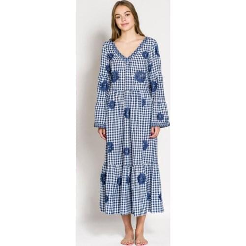 Summer Bohemian travel beach dress nepalese national style embroidered dress V neck plaid loose plaid dress