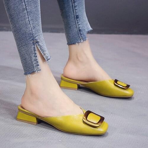 Ladies Mules Elegant Low Heel Buckle Women Slippers Slip-on Comfortable PU Ladies Office Shoes Summer Women Slippers