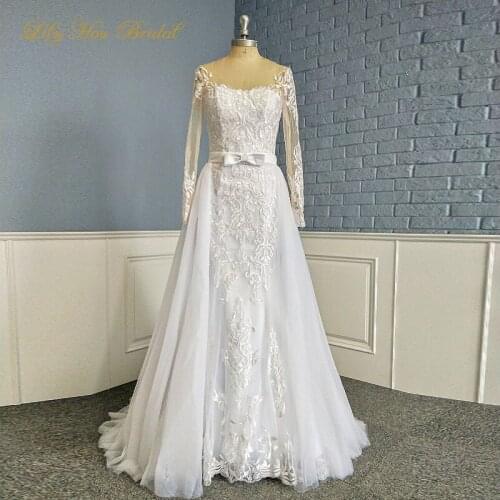 Real Picture Detachable Wedding Dress Sheer Bateau Neck Illusion Long Sleeves Lace Appliques Mermaid Bridal Gowns Buttons Back