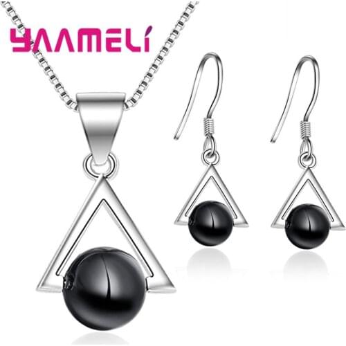 New Arrival Women Fashion Black Glass Jewelry Sets 925 Sterling Silver Chain Pendant Necklace Earrings Sets Free Shipping