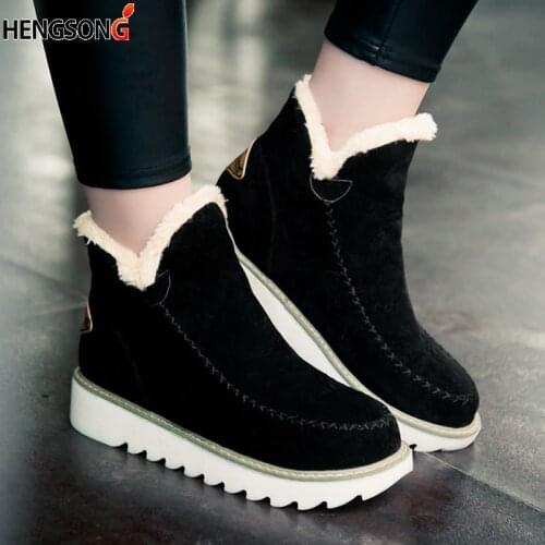 Autumn Winter Women Snow Boots Round Toe Ankle Warm Plush Snow Boots Slip-On Women Shoes Flats Black Beige Brown Plus Size 34-43