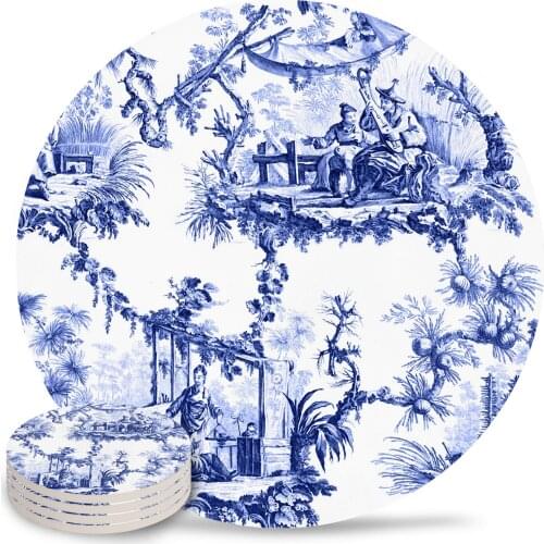 Blue Chinoiserie Toile Ceramic Coasters Waterproof Tea Cup Mat Modern Home Decor Coffee Table Decor Coasters for Glasses