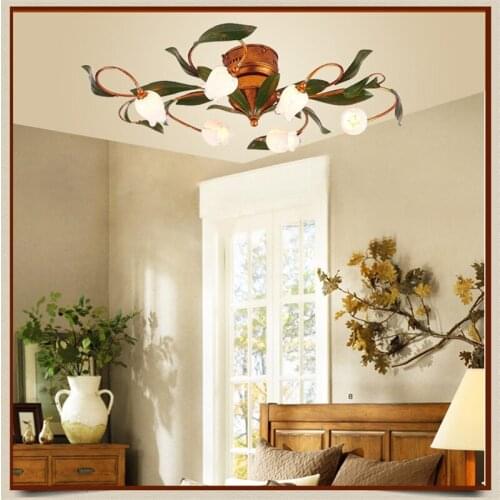 Glass Flowers Green Leaves Wrought Iron Ceiling Lights American Garden Artistic Ceiling Lighting Living Room Art Deco Lamp
