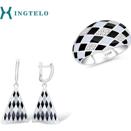 XINGTELO Black and White Square Pattern 925 Sterling Silver Jewelry Set Cubic Zirconia Ring Earring Set Fine Jewelry
