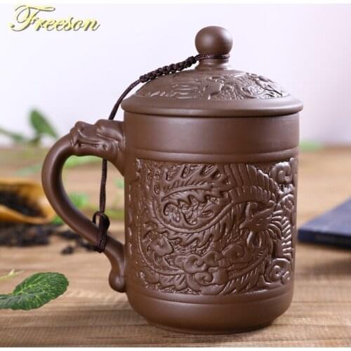 Yixing Zisha Tea Mug Traditional Chinese With Lid Dragon Phoenix Purple Clay Tea Cup 380ml Teacup Gift Teaware Free Shipping