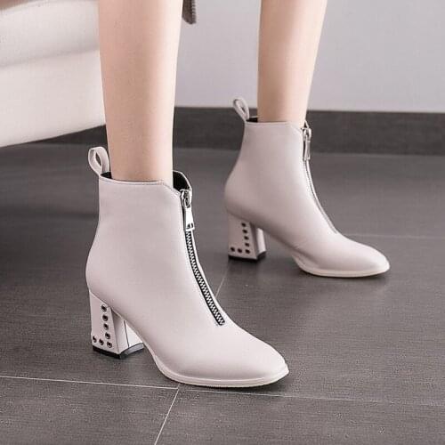 NEW women ankle boots high heel winter zip square toe fashion black gray warm shoes Casual Handmade shoes heel high 7 cm boots