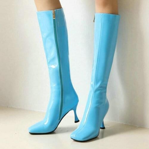 Big Size 45 Women Knee High Boots Patent PU Leather Candy Colors Ladies Calf Boots Fashion Thin High Heel Square Toe Women Boots