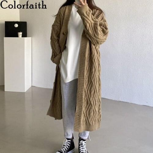 Colorfaith New 2020 Autumn Winter Womens Sweaters V-Neck Buttons Long Cardigans Knitted Oversize Vintage Korean Tops SWC1182JX