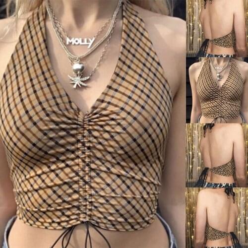 Women Sexy Halter Crop Top V-Neck Backless Plaid Ruched Drawstring Camisole Vest