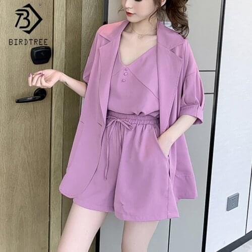 2020 Summer Autumn Women Loose Blazer Suits Three Pieces Set Notched Short Sleeve Drawstring Elastic Waist Shorts S05306K