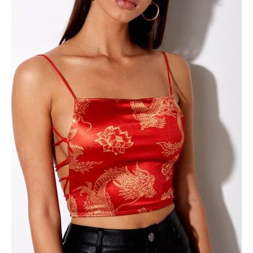 2021 New Floral Dragon Print Vinatge Cami Tops Women Summer Spaghetti Strap Backless Bandage Crop Top Sexy Club Tank Tops Female