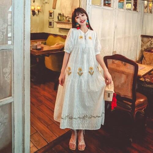Women Summer V-Neck Tassels Bow Casual Dress Designer Runway Ladies Embroidery Hollow Out Lace Loose Cotton Beach Dresses