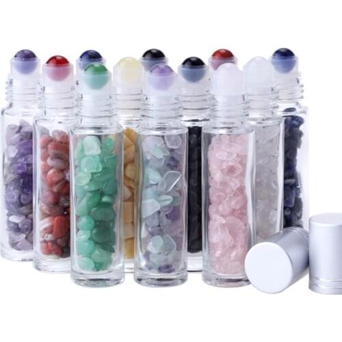 10pcs 10ml Essential Oil Roll On Bottles Glass Roller Ball Crystal Chips Semiprecious Stones Bottles Refillable Bottle Container