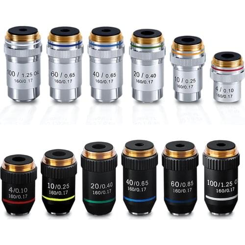 Biological Microscopes Lens 4X 10X 20X 40X 60X 100X(oil) Achromatic Objective Lens Silver Black Shell